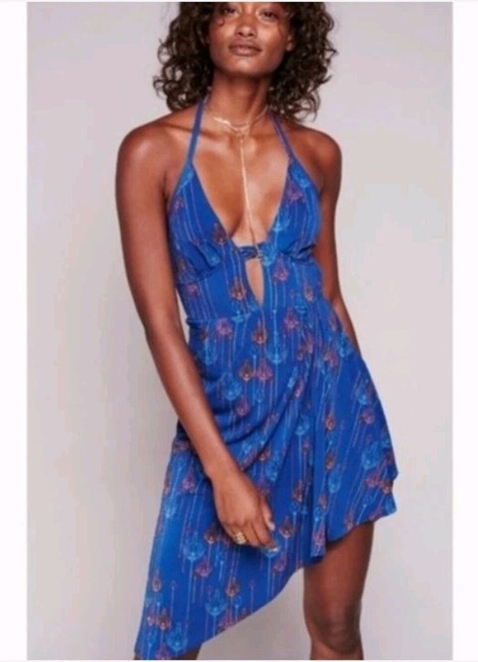 Free People Tropical Daydream Halter Mini Dress Blue Asymmetrical Small NWT